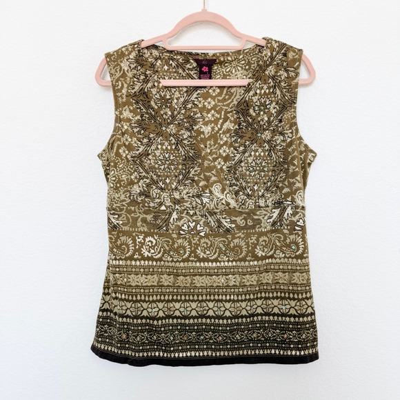 Tops - Y2K Womens Babydoll‎ Top Size L Green Beaded Boho Floral Forest Fairy Goblincore